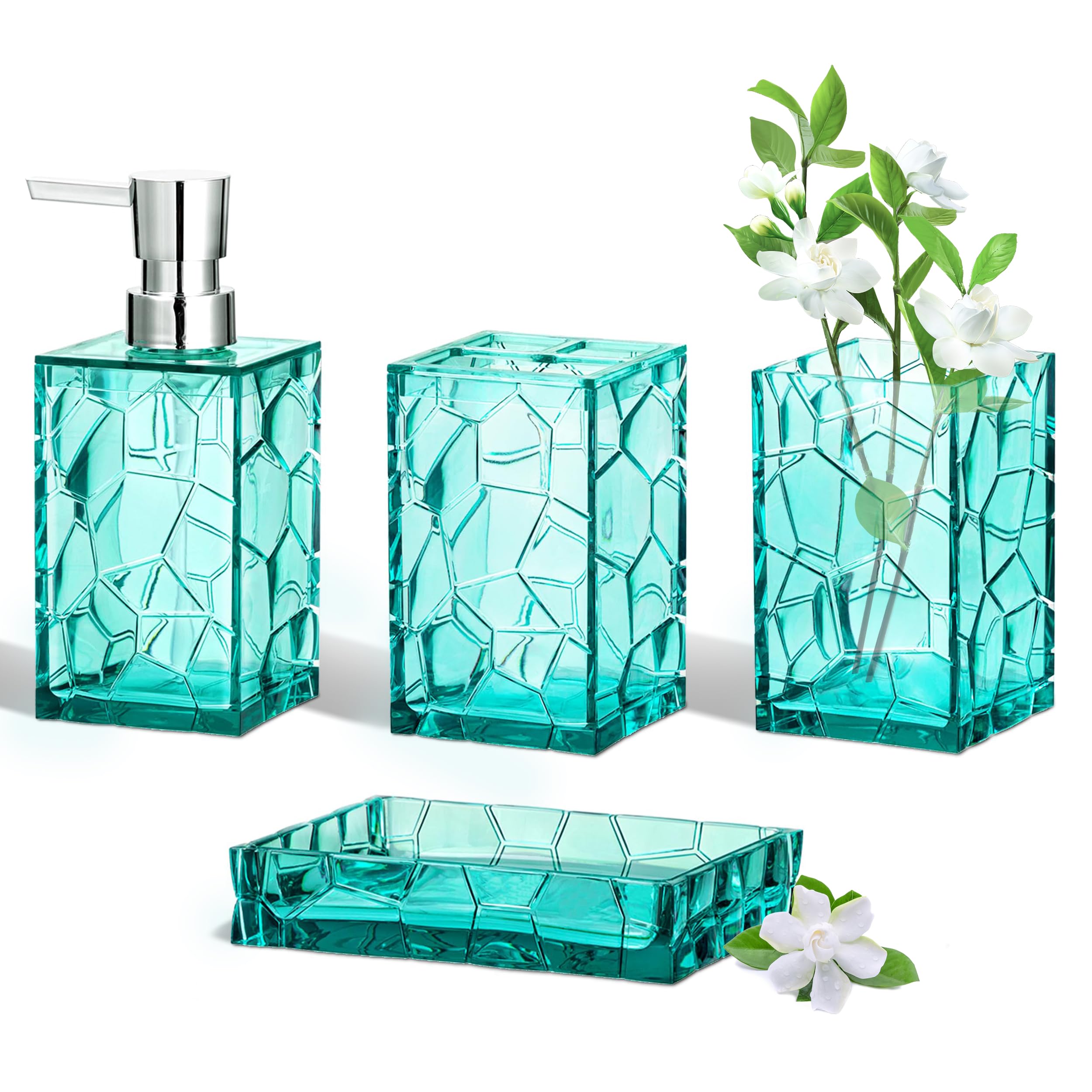 HBlife Bathroom Accessories Set, Sage Acrylic Bathroom Counter Set with Toothbrush Holder, Soap Dispenser, Tumbler, Soap Dish, Boho Modern Bathroom Accessories Decor, Ideal Gift Choice