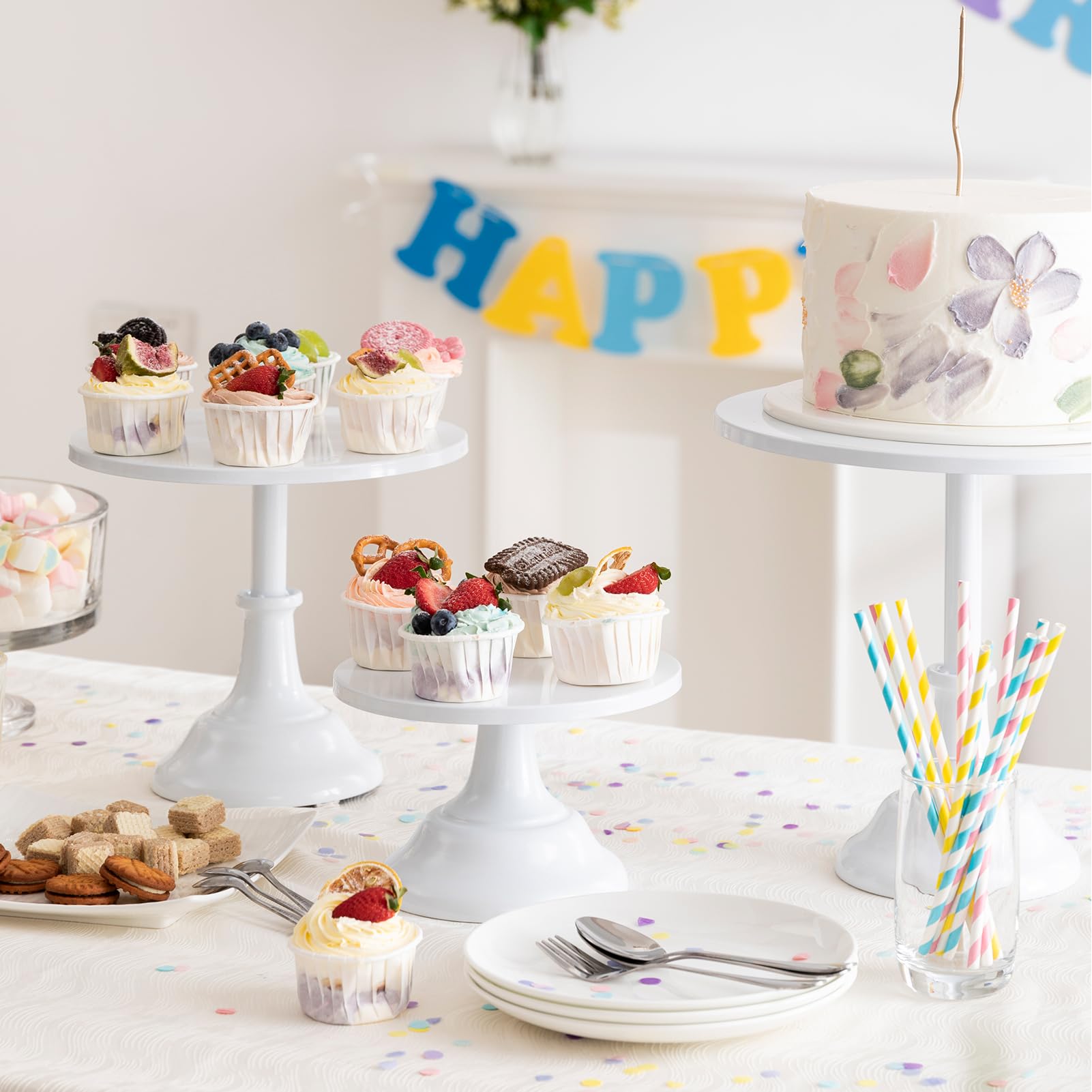 HBlife 3 PCS Gold Cake Stand Set (8"/10"/12" Plate) for 6-10 Inch Cakes, Dessert Table Display Set, Cupcake Stand for Party, Wedding, Birthday, Baby Shower, Anniversary (Metal)