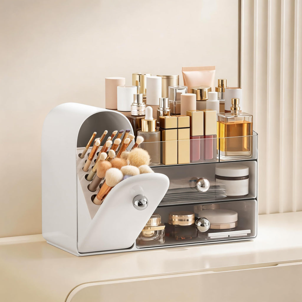 HBlife Makeup Organizer Countertop with Drawers, Vanity Organizers with Brush Holder, Bathroom Counter Organizer for Perfume, Nail Polishes, Lipsticks, Skincare and Eyeshadow Palettes