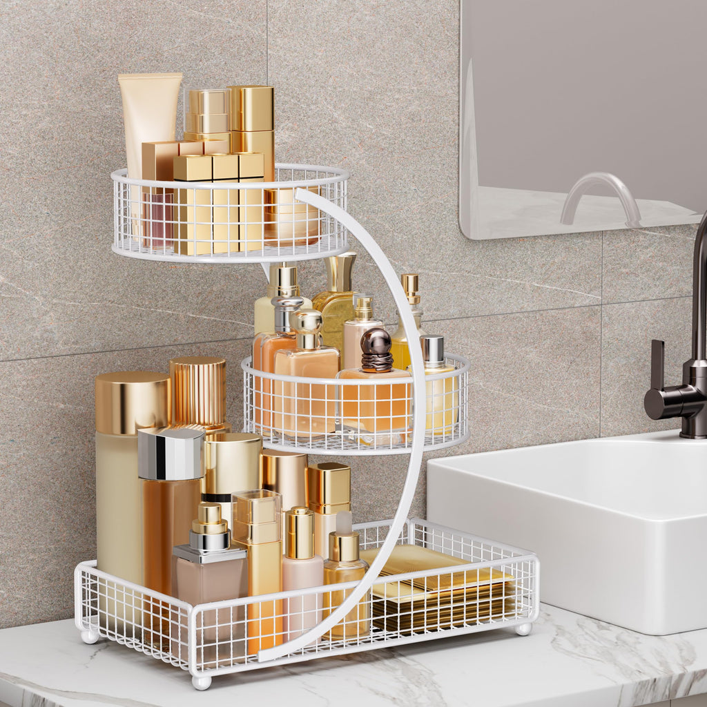 HBlife Makeup Organizer for Vanity, 3 Tier Metal Bathroom Countertop Organizers Skin Care Storage, Bathroom Counter Shelf Skincare Holder Perfume Cosmetic Display, White
