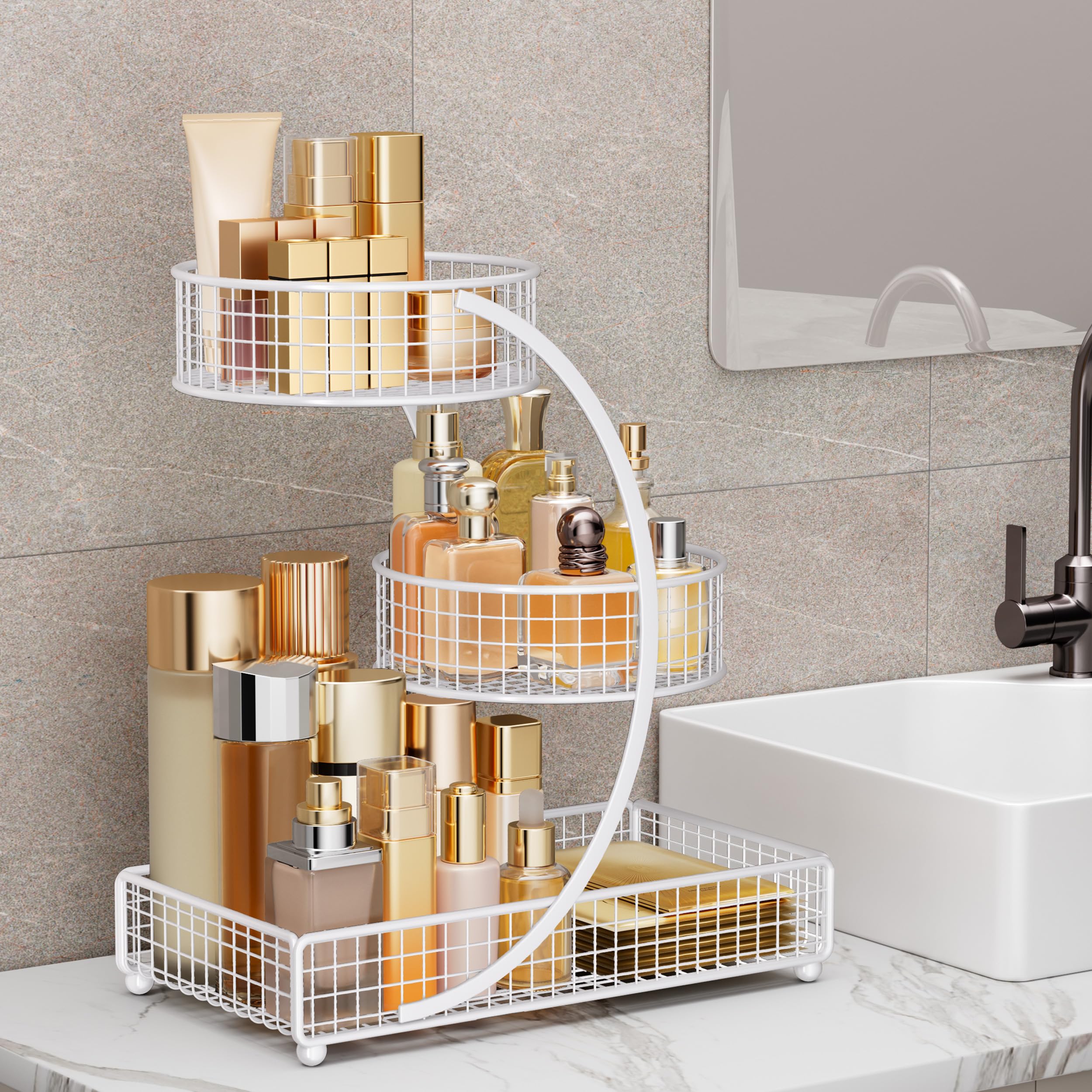 HBlife Makeup Organizer for Vanity, 3 Tier Metal Bathroom Countertop Organizers Skin Care Storage, Bathroom Counter Shelf Skincare Holder Perfume Cosmetic Display, White