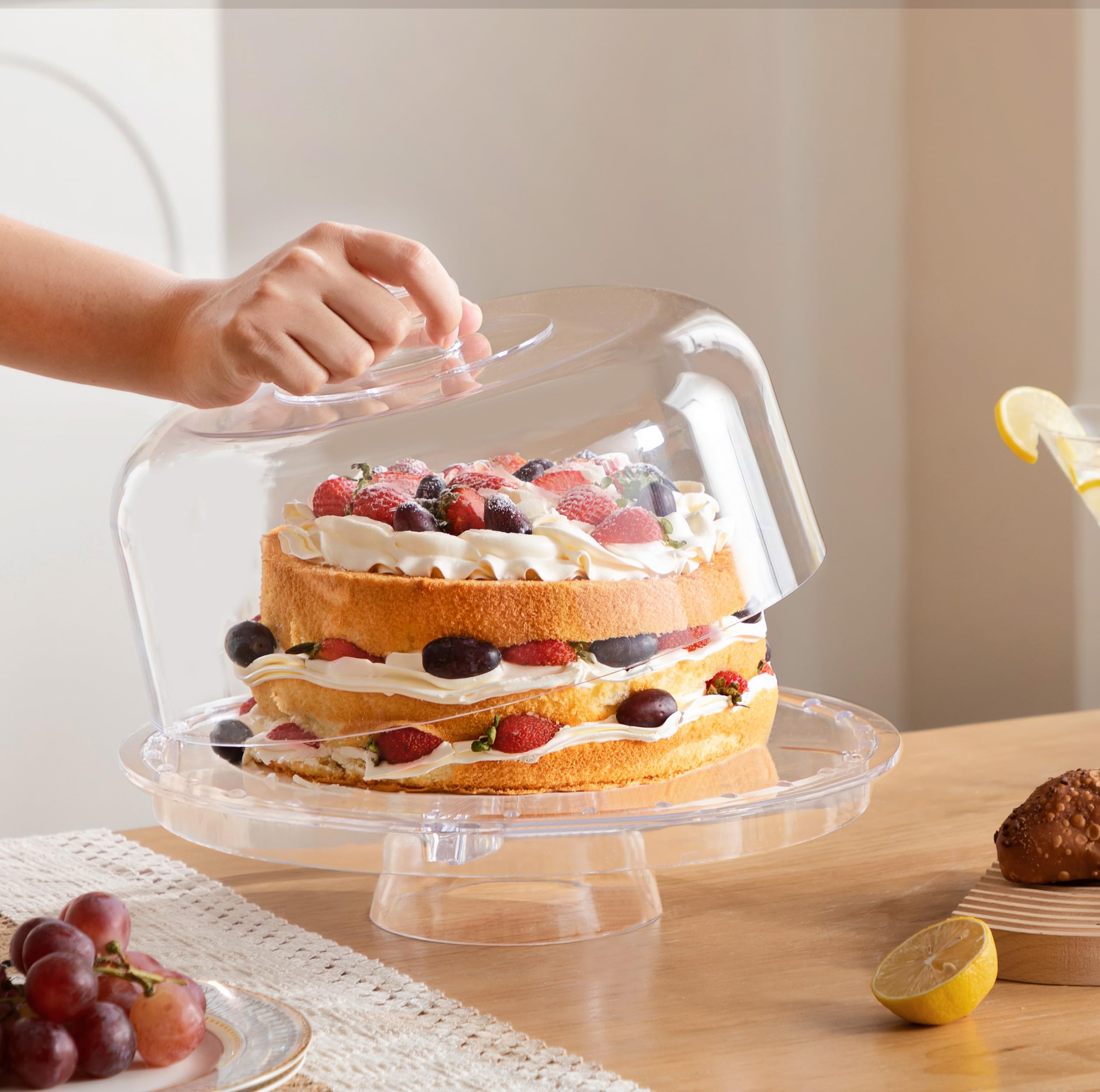 HBlife Cake Stand with Lid (16.5"), Multifunctional Cake Stand with Acrylic Dome, Rectangular Bamboo 2-in-1 Cake Plate Display Stand with Cover for Baking Gifts, Birthday Kitchen Parties, Weddings