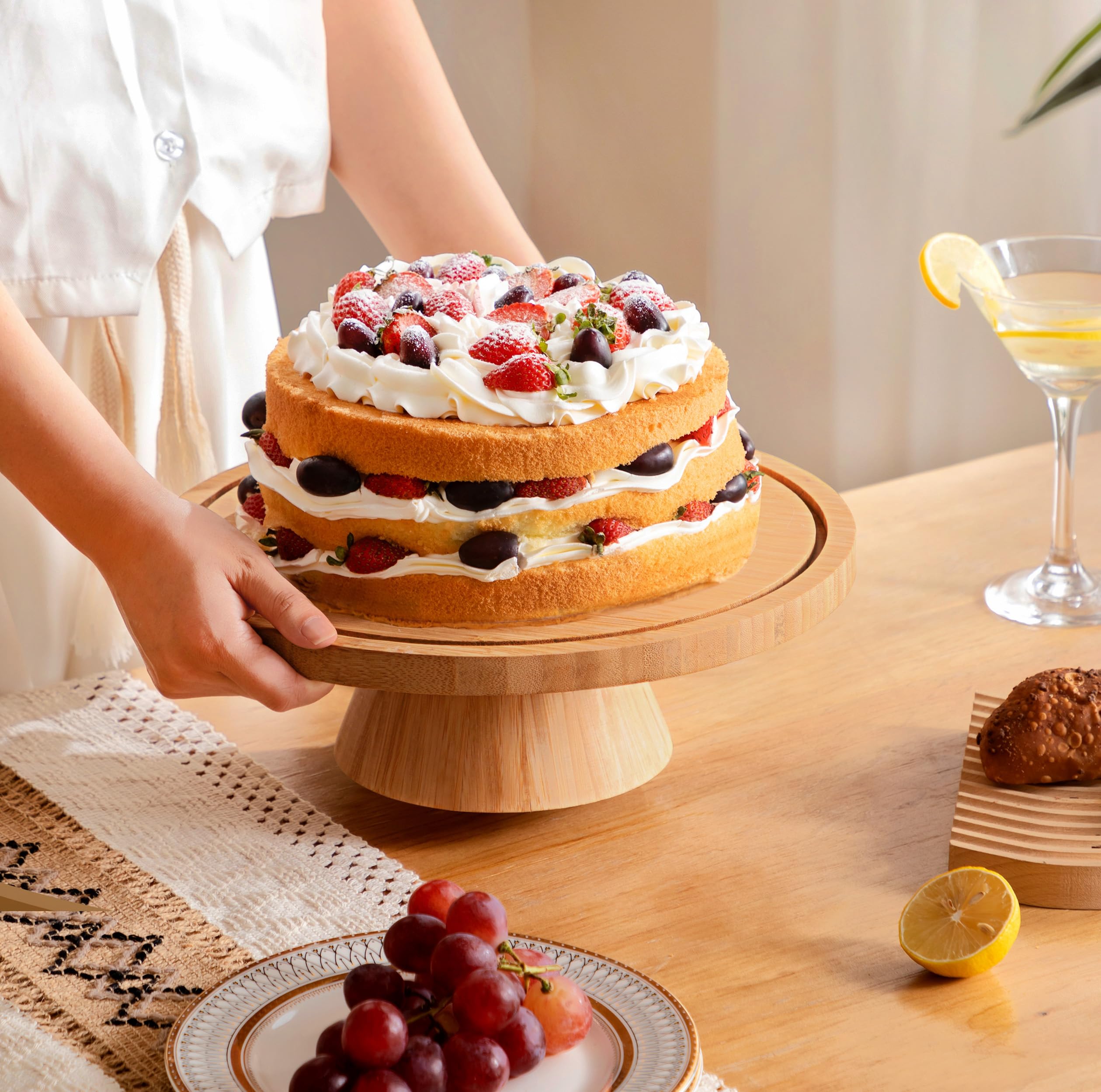 HBlife Cake Stand with Lid (16.5"), Multifunctional Cake Stand with Acrylic Dome, Rectangular Bamboo 2-in-1 Cake Plate Display Stand with Cover for Baking Gifts, Birthday Kitchen Parties, Weddings