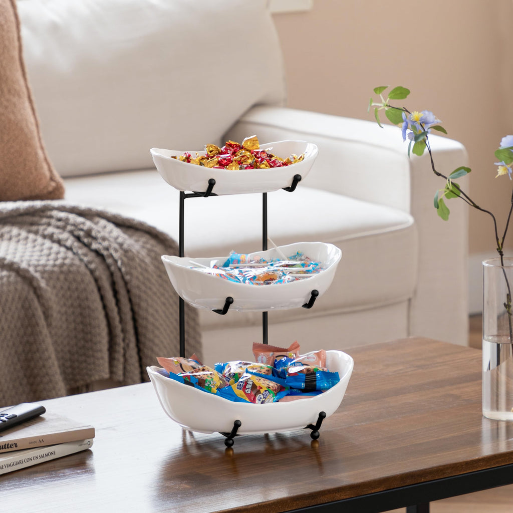 HBlife Fruit Bowl for Kitchen Counter - 3 Tier Ceramic Fruit Rack, Fruit Basket for Fresh Fruit&Veggies, Tiered Fruit Platter Serving Trays for Party