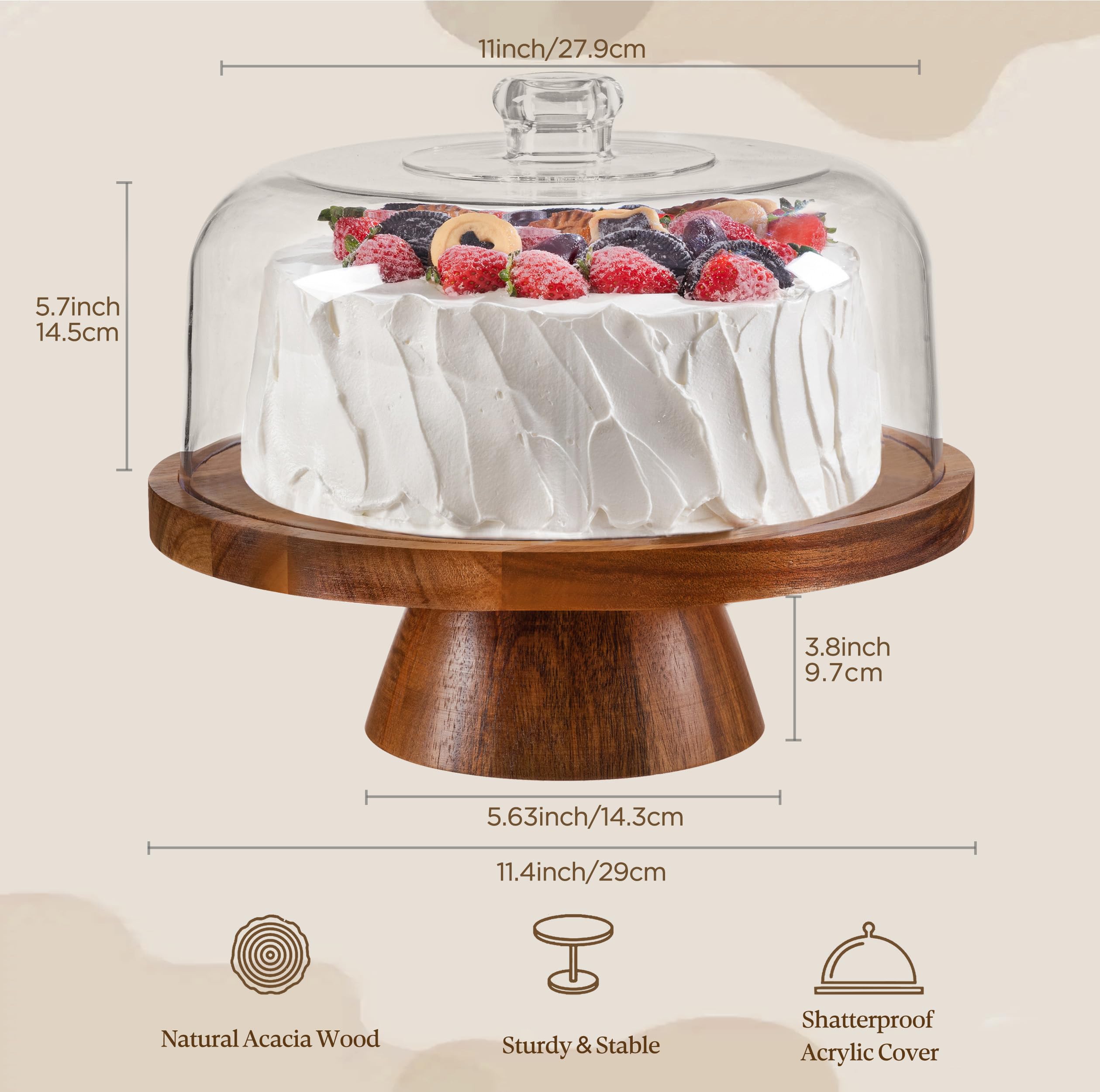 HBlife Cake Stand with Lid (16.5"), Multifunctional Cake Stand with Acrylic Dome, Rectangular Bamboo 2-in-1 Cake Plate Display Stand with Cover for Baking Gifts, Birthday Kitchen Parties, Weddings