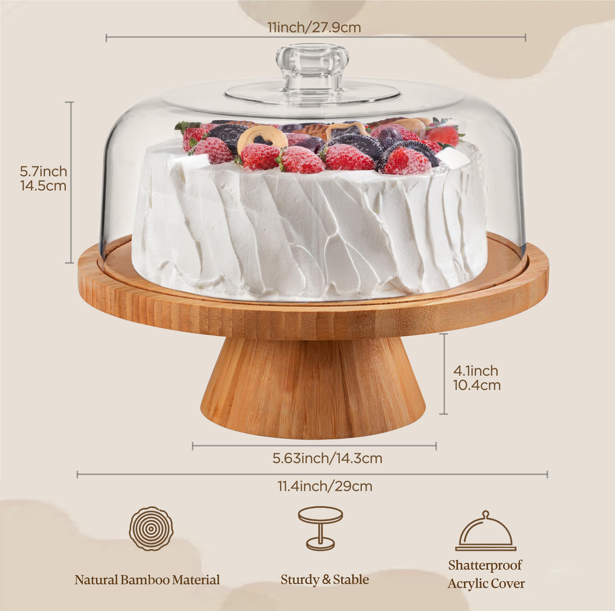 HBlife Cake Stand with Lid (16.5"), Multifunctional Cake Stand with Acrylic Dome, Rectangular Bamboo 2-in-1 Cake Plate Display Stand with Cover for Baking Gifts, Birthday Kitchen Parties, Weddings