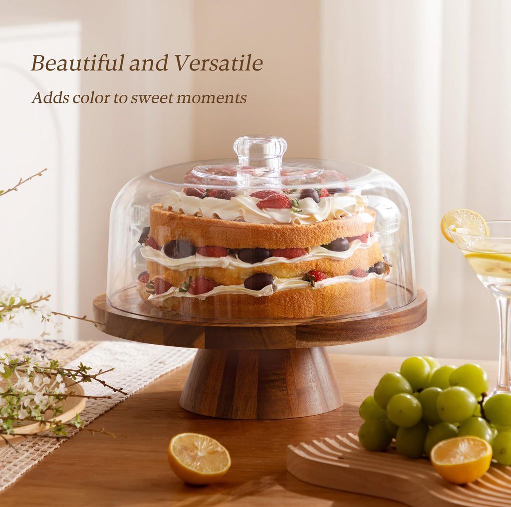 HBlife Cake Stand with Lid (16.5"), Multifunctional Cake Stand with Acrylic Dome, Rectangular Bamboo 2-in-1 Cake Plate Display Stand with Cover for Baking Gifts, Birthday Kitchen Parties, Weddings