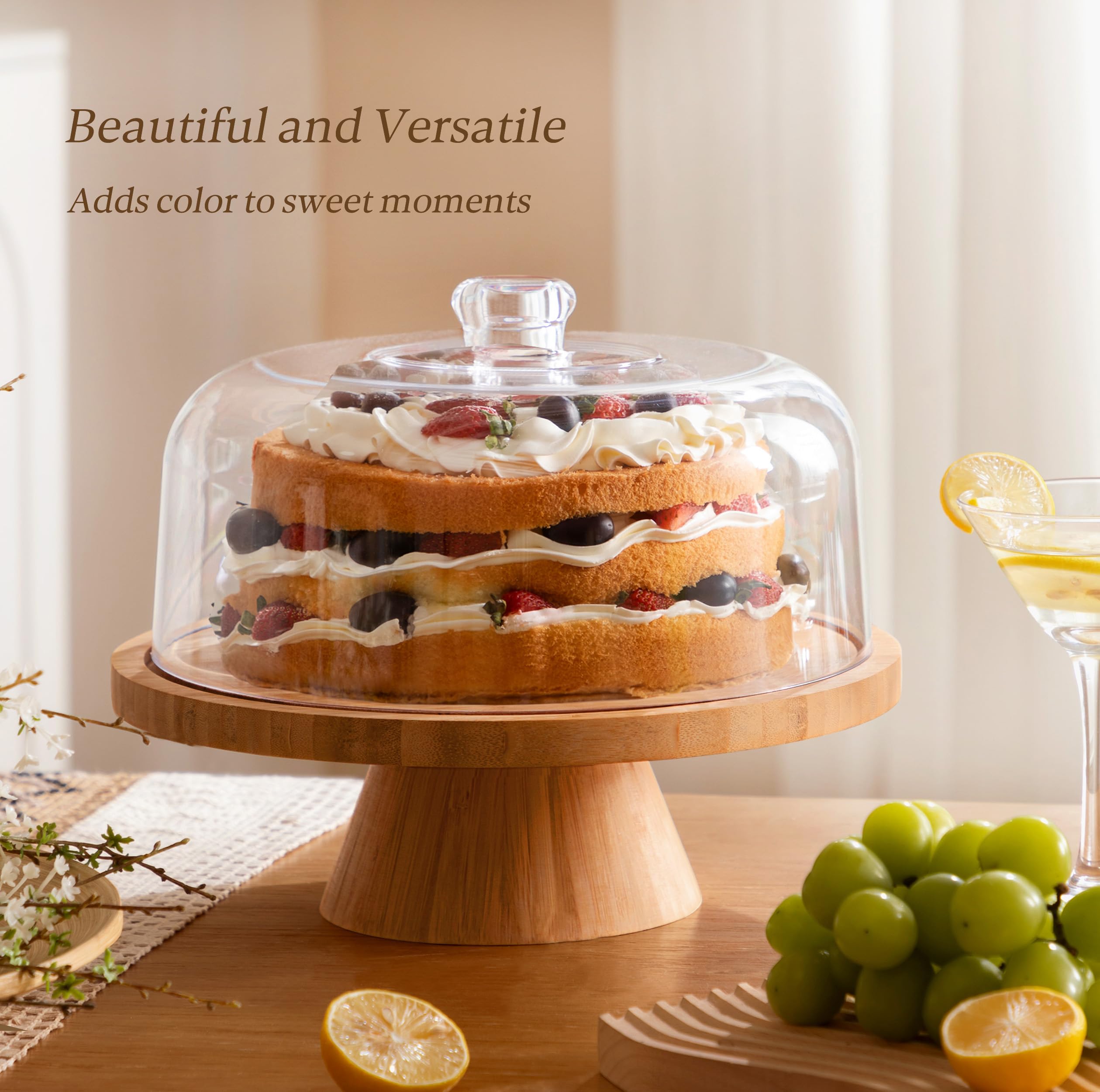 HBlife Cake Stand with Lid (16.5"), Multifunctional Cake Stand with Acrylic Dome, Rectangular Bamboo 2-in-1 Cake Plate Display Stand with Cover for Baking Gifts, Birthday Kitchen Parties, Weddings