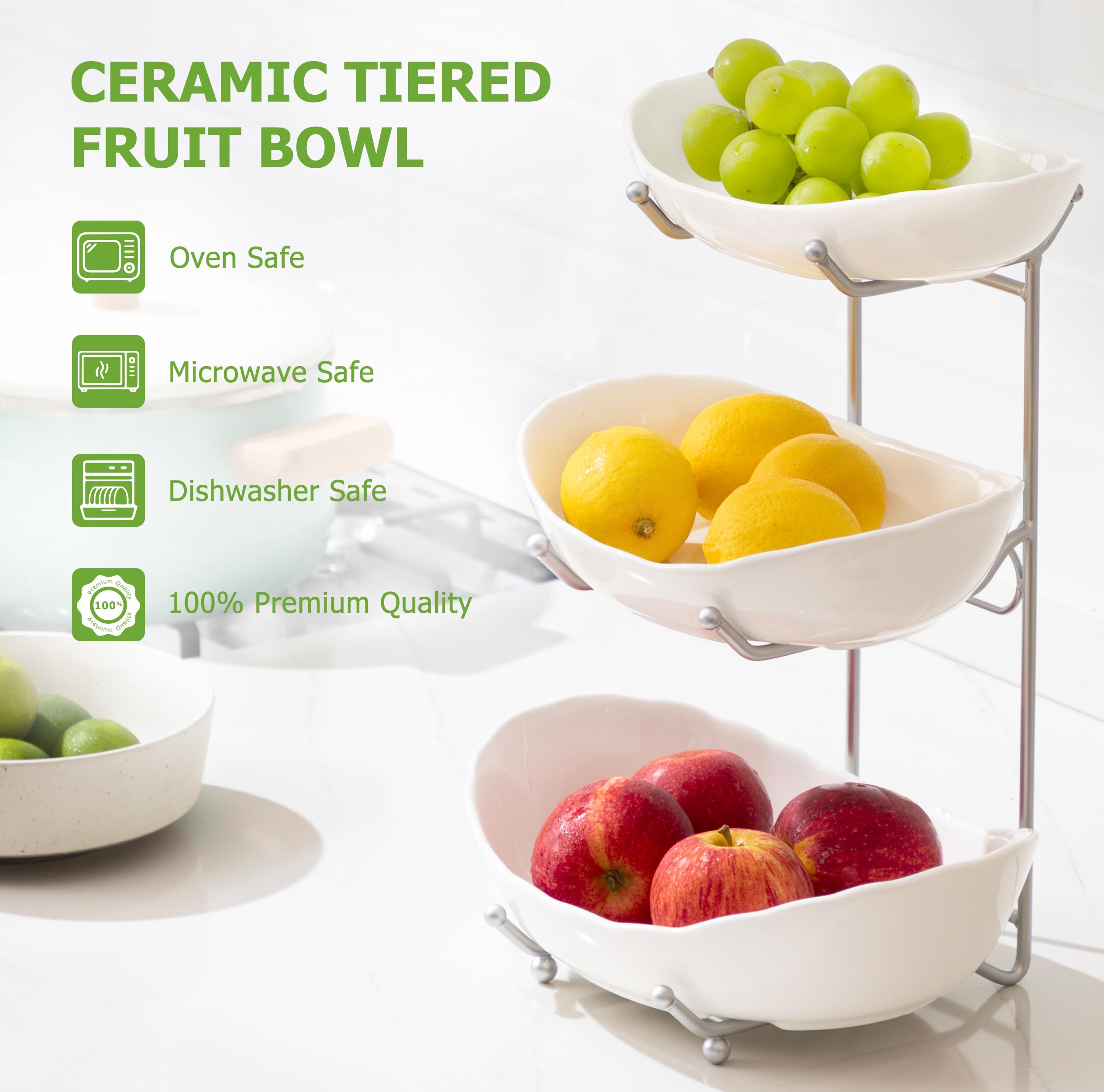 HBlife Fruit Bowl for Kitchen Counter - 3 Tier Ceramic Fruit Rack, Fruit Basket for Fresh Fruit&Veggies, Tiered Fruit Platter Serving Trays for Party