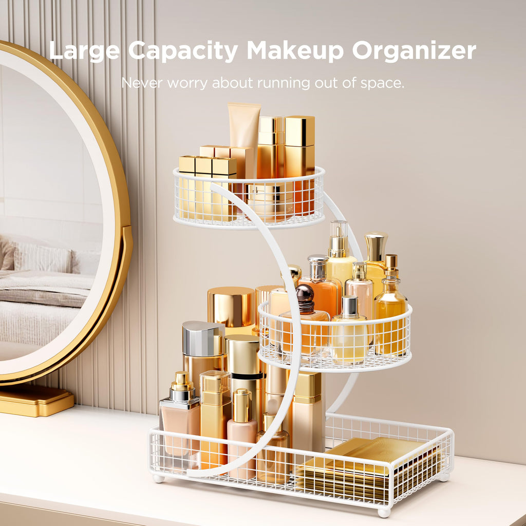 HBlife Makeup Organizer for Vanity, 3 Tier Metal Bathroom Countertop Organizers Skin Care Storage, Bathroom Counter Shelf Skincare Holder Perfume Cosmetic Display, White