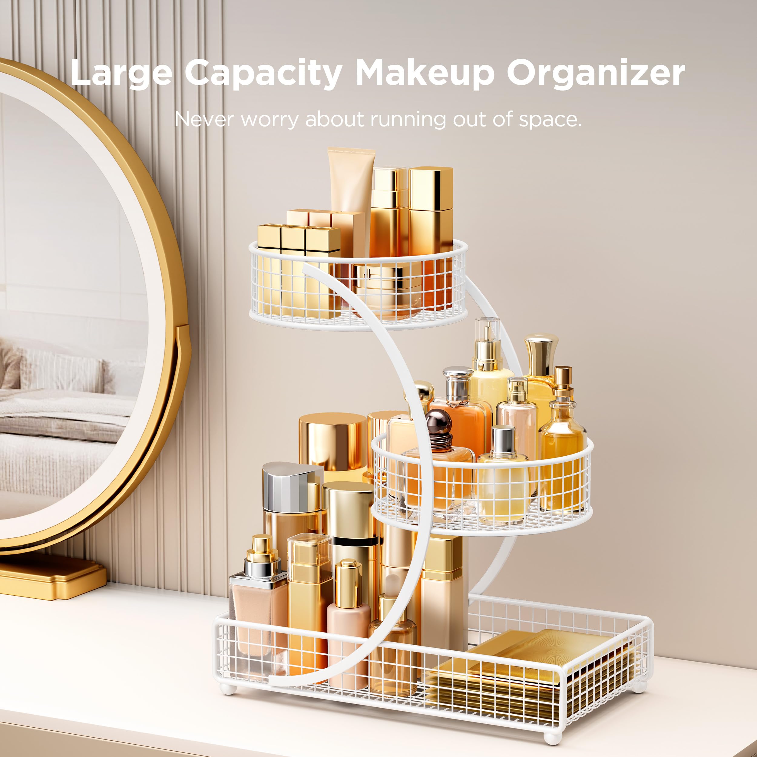 HBlife Makeup Organizer for Vanity, 3 Tier Metal Bathroom Countertop Organizers Skin Care Storage, Bathroom Counter Shelf Skincare Holder Perfume Cosmetic Display, White