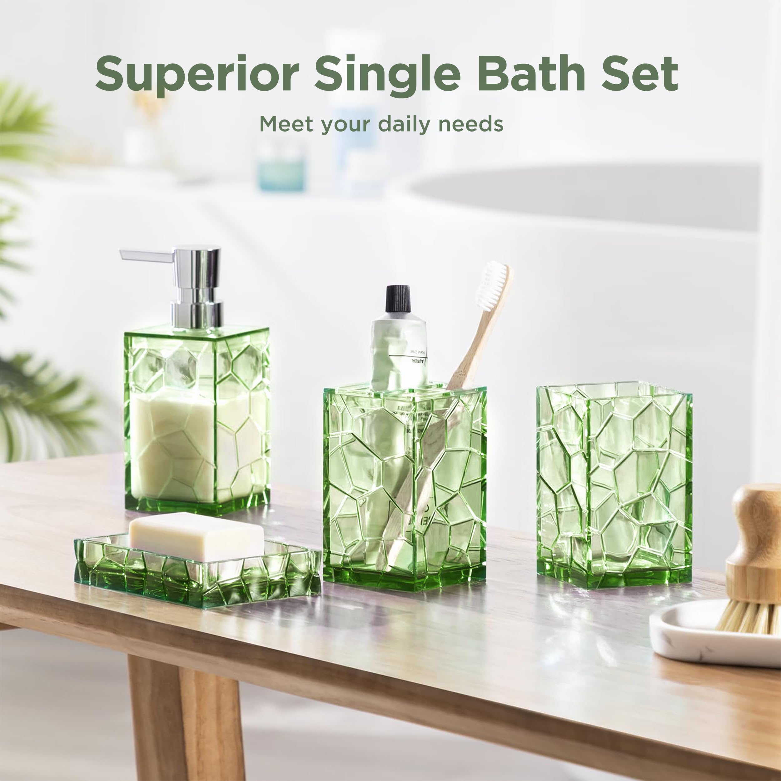 HBlife Bathroom Accessories Set, Sage Acrylic Bathroom Counter Set with Toothbrush Holder, Soap Dispenser, Tumbler, Soap Dish, Boho Modern Bathroom Accessories Decor, Ideal Gift Choice