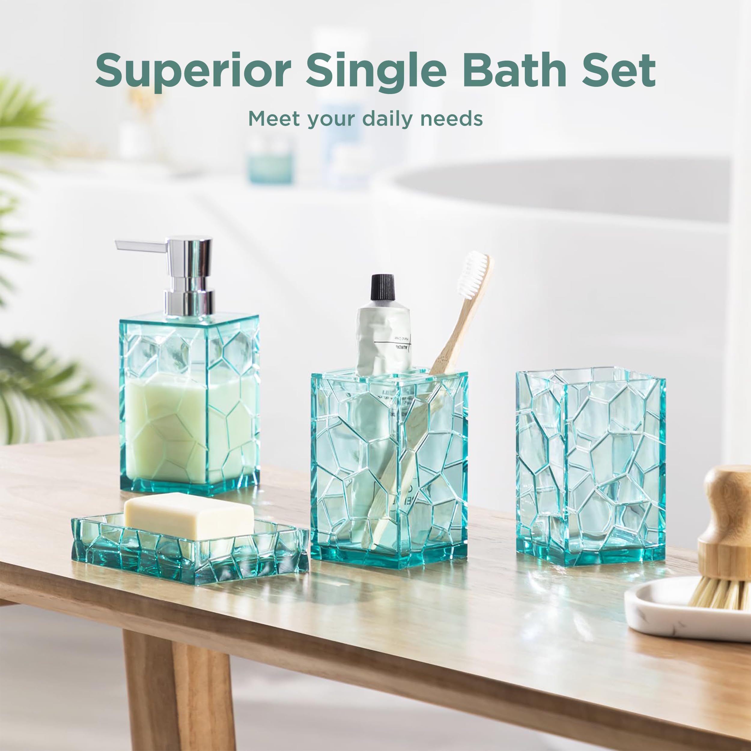 HBlife Bathroom Accessories Set, Sage Acrylic Bathroom Counter Set with Toothbrush Holder, Soap Dispenser, Tumbler, Soap Dish, Boho Modern Bathroom Accessories Decor, Ideal Gift Choice