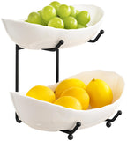 HBlife Fruit Bowl for Kitchen Counter - 2 Tier Ceramic Fruit Bowl with Metal Stand, Tiered Fruit Basket for Kitchen Counter, Serving Platters Serving Trays for Party