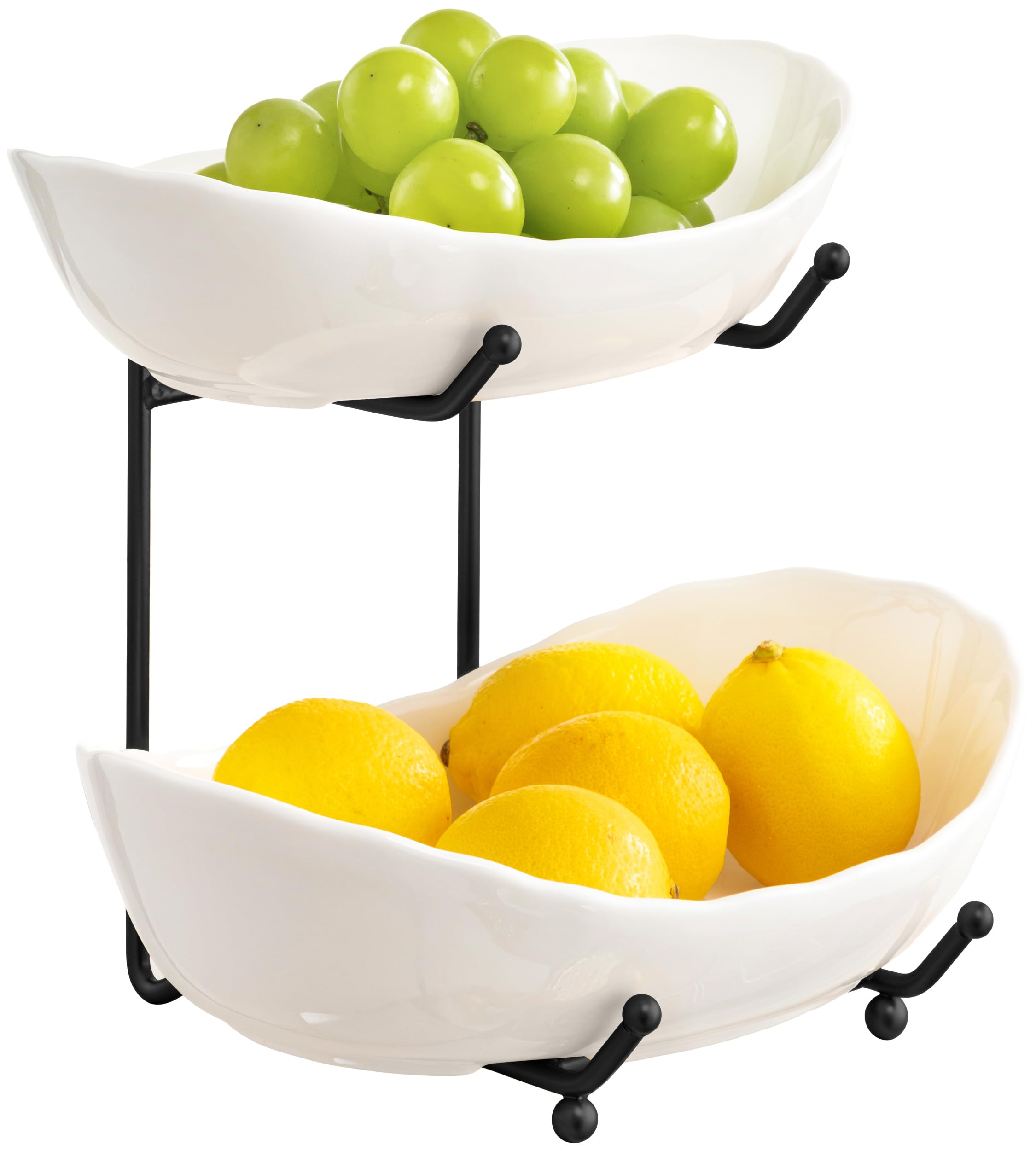 HBlife Fruit Bowl for Kitchen Counter - 2 Tier Ceramic Fruit Bowl with Metal Stand, Tiered Fruit Basket for Kitchen Counter, Serving Platters Serving Trays for Party