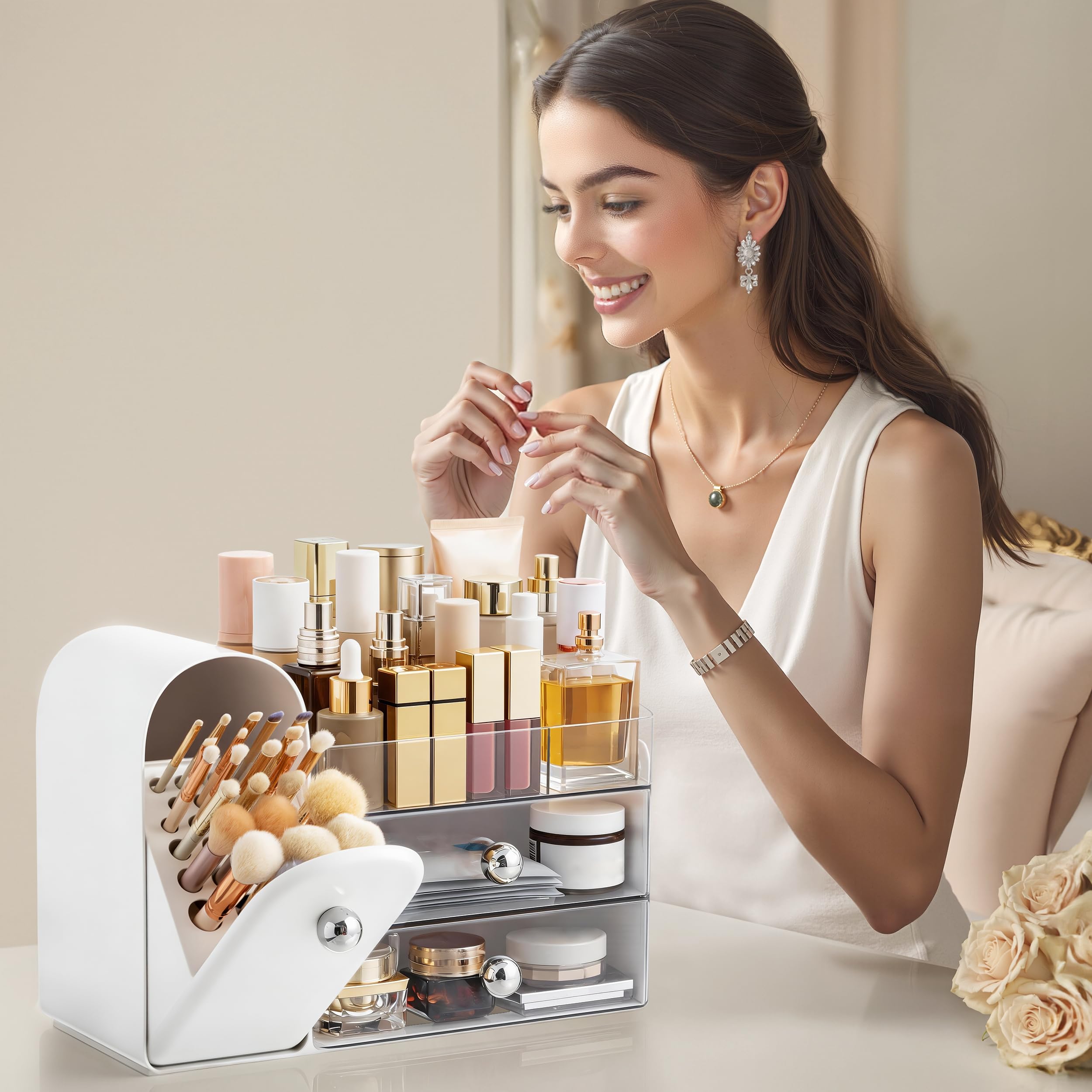 HBlife Makeup Organizer Countertop with Drawers, Vanity Organizers with Brush Holder, Bathroom Counter Organizer for Perfume, Nail Polishes, Lipsticks, Skincare and Eyeshadow Palettes