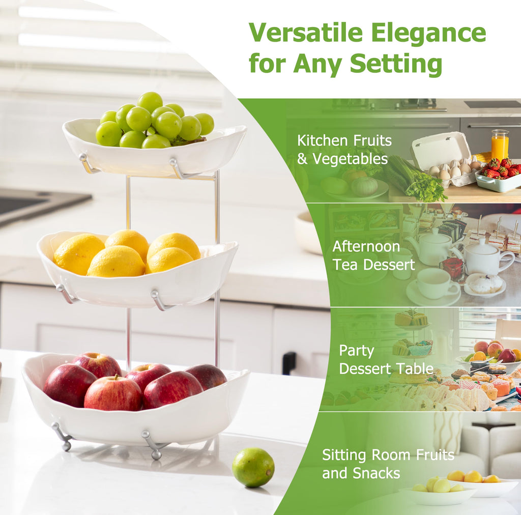 HBlife Fruit Bowl for Kitchen Counter - 3 Tier Ceramic Fruit Rack, Fruit Basket for Fresh Fruit&Veggies, Tiered Fruit Platter Serving Trays for Party
