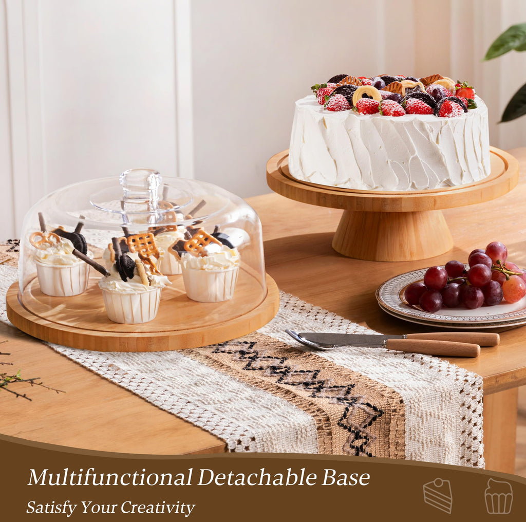 HBlife Cake Stand with Lid (16.5"), Multifunctional Cake Stand with Acrylic Dome, Rectangular Bamboo 2-in-1 Cake Plate Display Stand with Cover for Baking Gifts, Birthday Kitchen Parties, Weddings