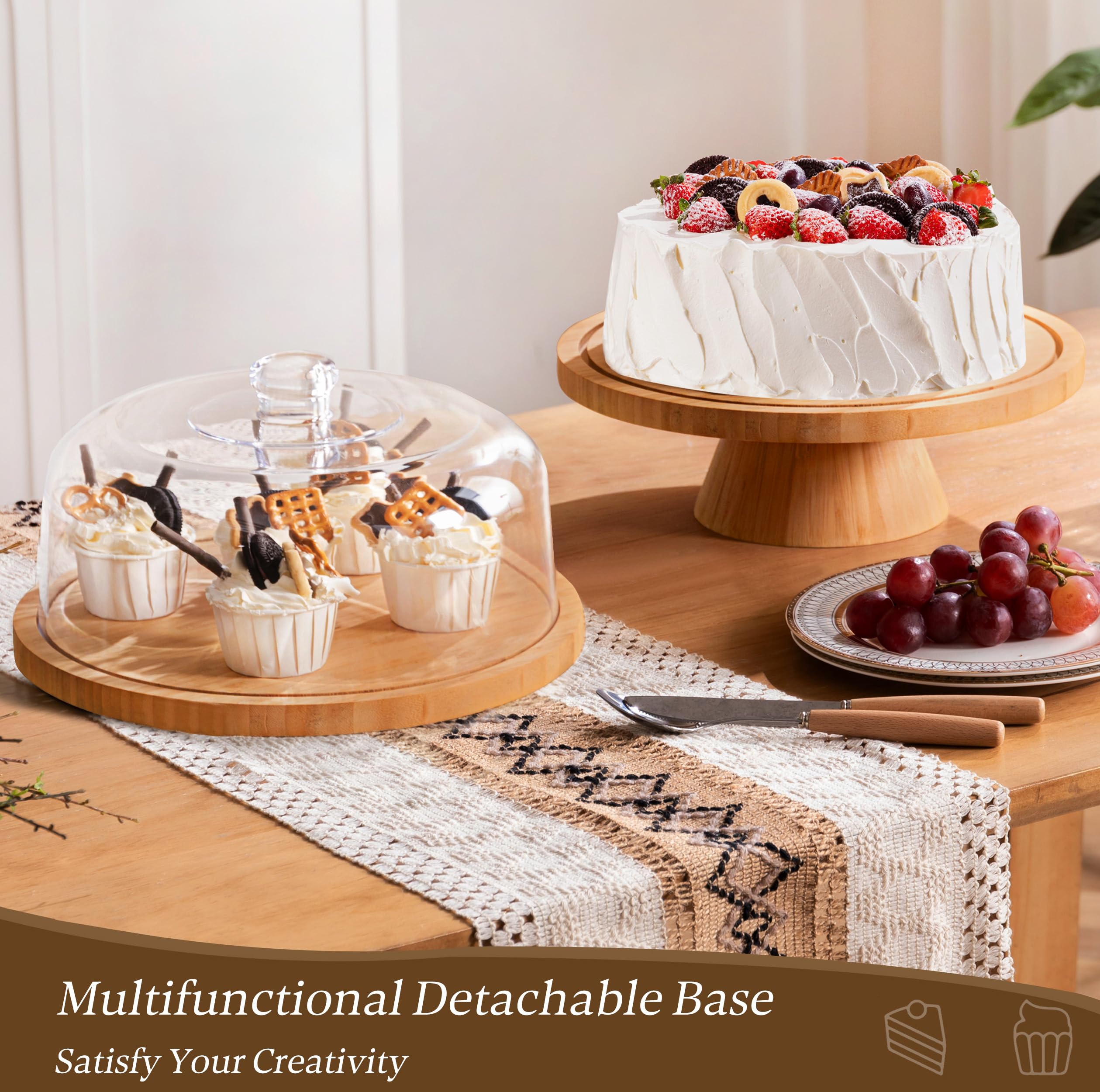 HBlife Cake Stand with Lid (16.5"), Multifunctional Cake Stand with Acrylic Dome, Rectangular Bamboo 2-in-1 Cake Plate Display Stand with Cover for Baking Gifts, Birthday Kitchen Parties, Weddings