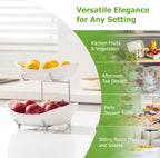 HBlife Fruit Bowl for Kitchen Counter - 2 Tier Ceramic Fruit Bowl with Metal Stand, Tiered Fruit Basket for Kitchen Counter, Serving Platters Serving Trays for Party