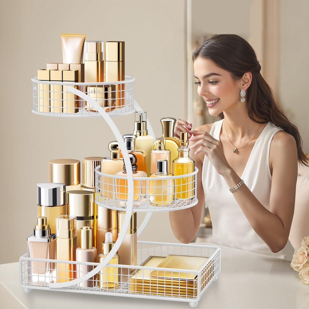 HBlife Makeup Organizer for Vanity, 3 Tier Metal Bathroom Countertop Organizers Skin Care Storage, Bathroom Counter Shelf Skincare Holder Perfume Cosmetic Display, White