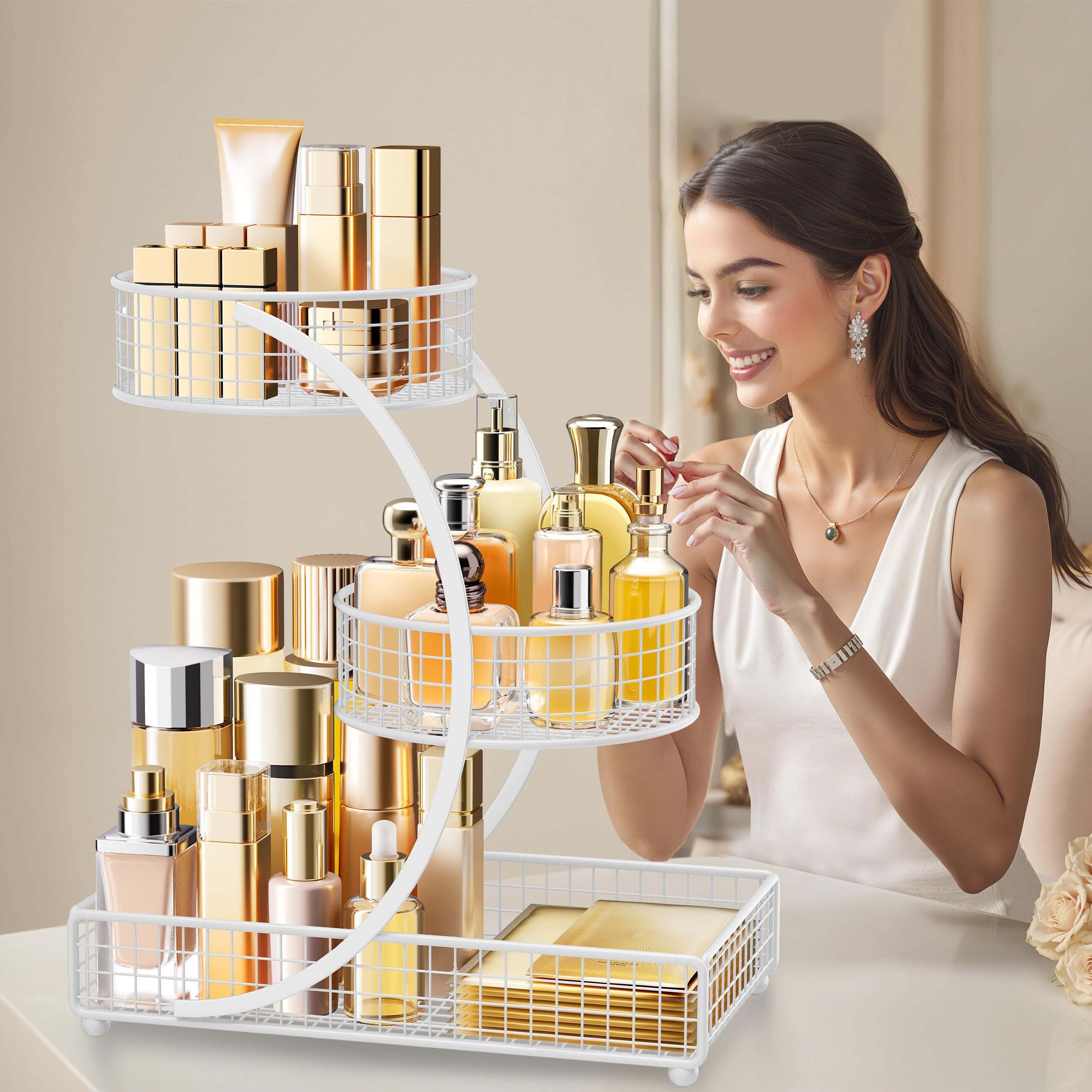 HBlife Makeup Organizer for Vanity, 3 Tier Metal Bathroom Countertop Organizers Skin Care Storage, Bathroom Counter Shelf Skincare Holder Perfume Cosmetic Display, White