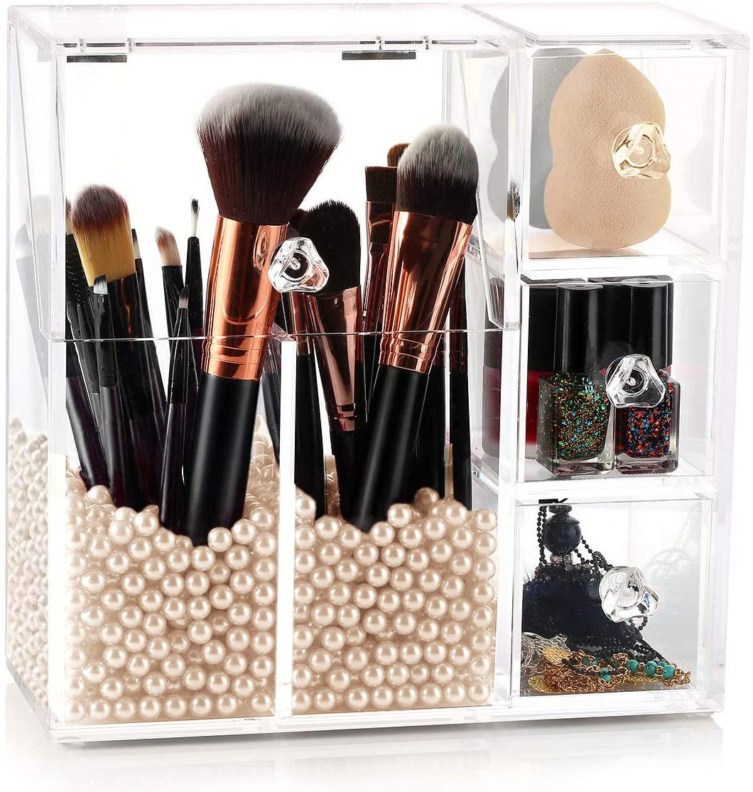 HBlife Makeup Brush Holder, Acrylic Makeup Organizer with 2 Brush Holders and 3 Drawers Dustproof Box