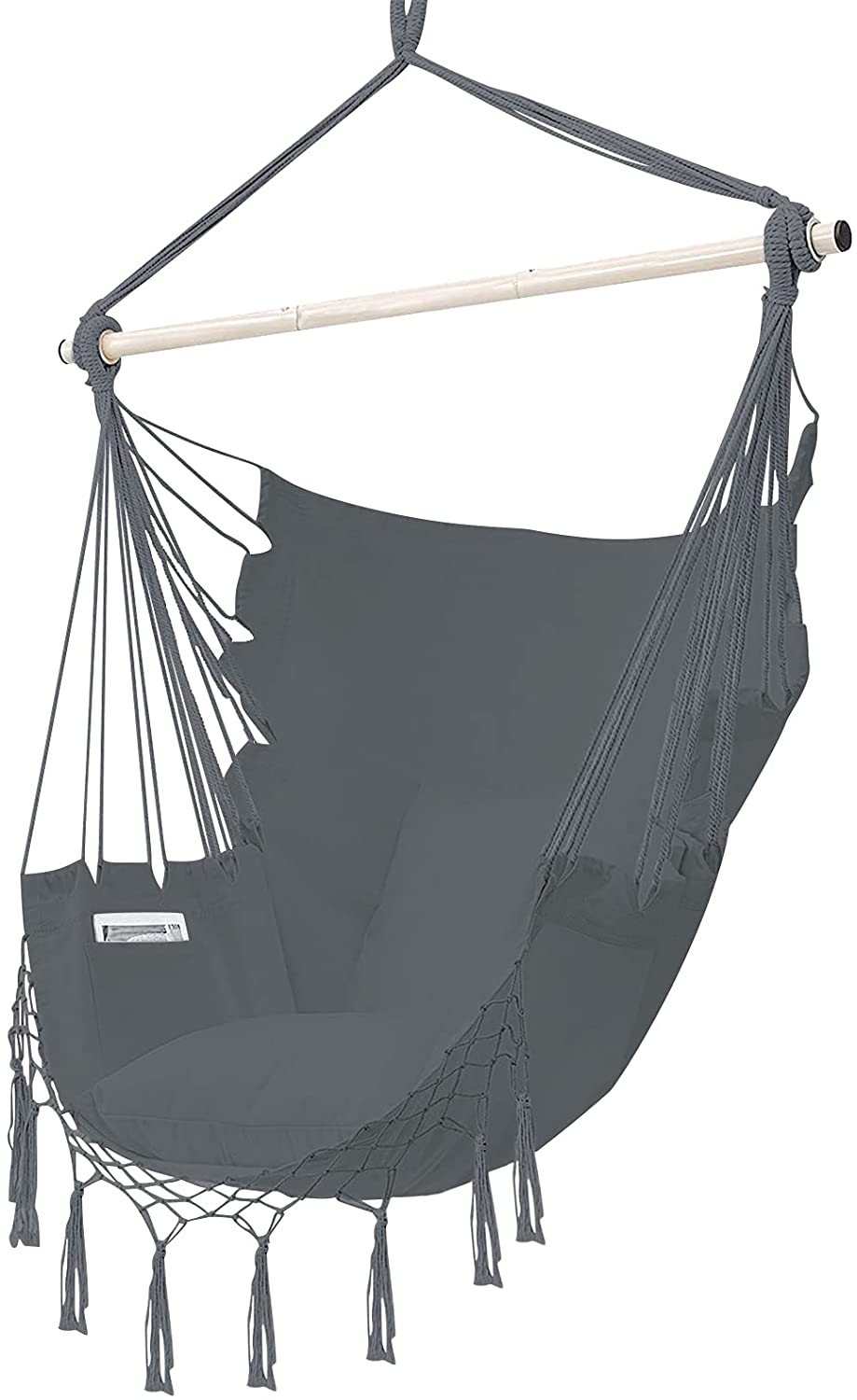 Hammock Chair Hanging Rope Swing Seat Chair with Pocket Max 350 Lbs for Indoor Outdoor Home Bedroom Garden, Seat Cushions Not Included (Grey)
