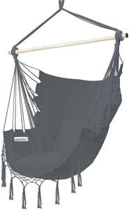 Hammock Chair Hanging Rope Swing Seat Chair with Pocket Max 350 Lbs for Indoor Outdoor Home Bedroom Garden, Seat Cushions Not Included (Grey)