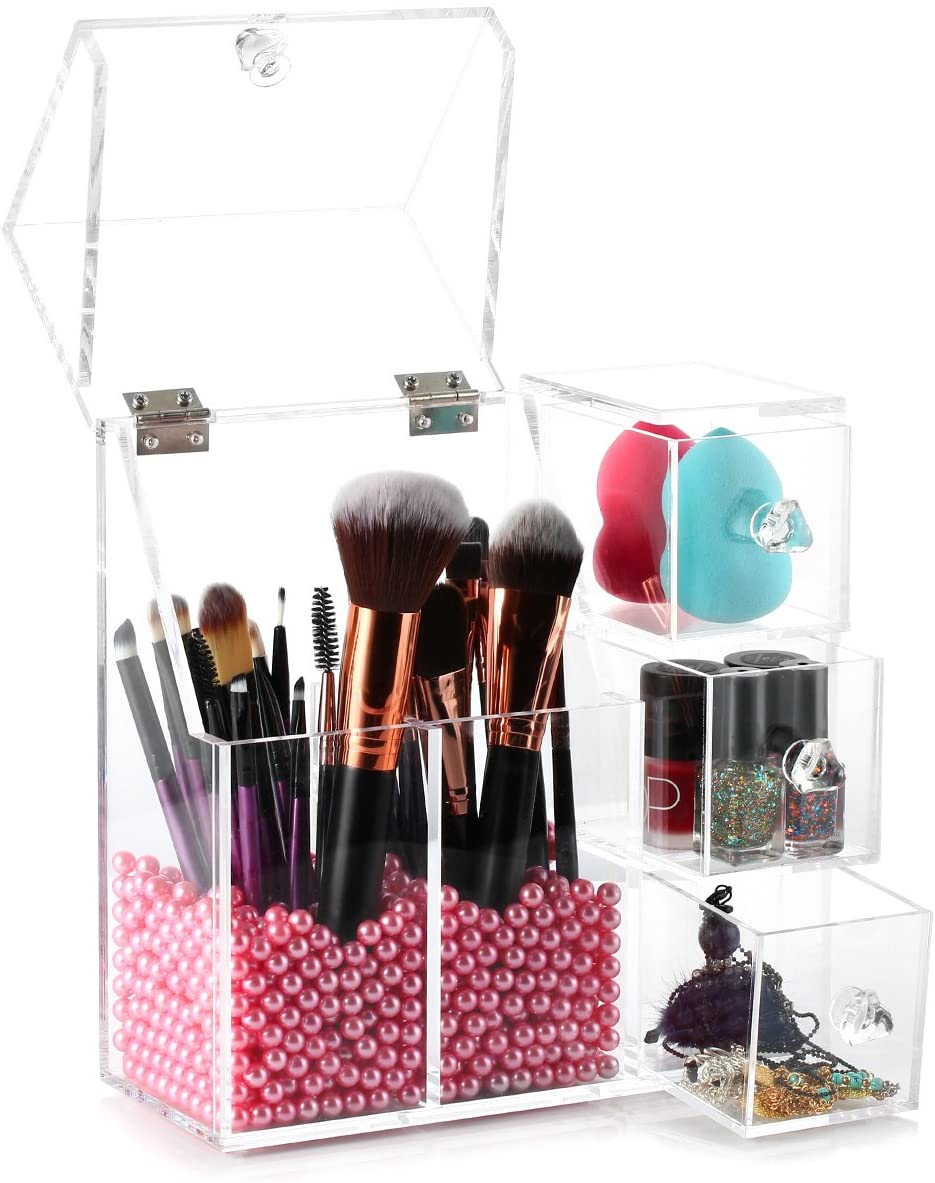 HBlife Clear Makeup Brush Holder Organizer, Acrylic Cosmetic Brushes  Storage with 3 Slots, Eyeliners Display Case for Vanity