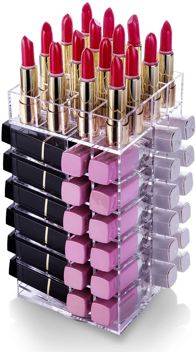 HBlife Lipstick Holder, Acrylic Rotating 64 Lipstick Tower Organizer Spinning Lipstick Tower Lipgloss Holder with Removable Dividers