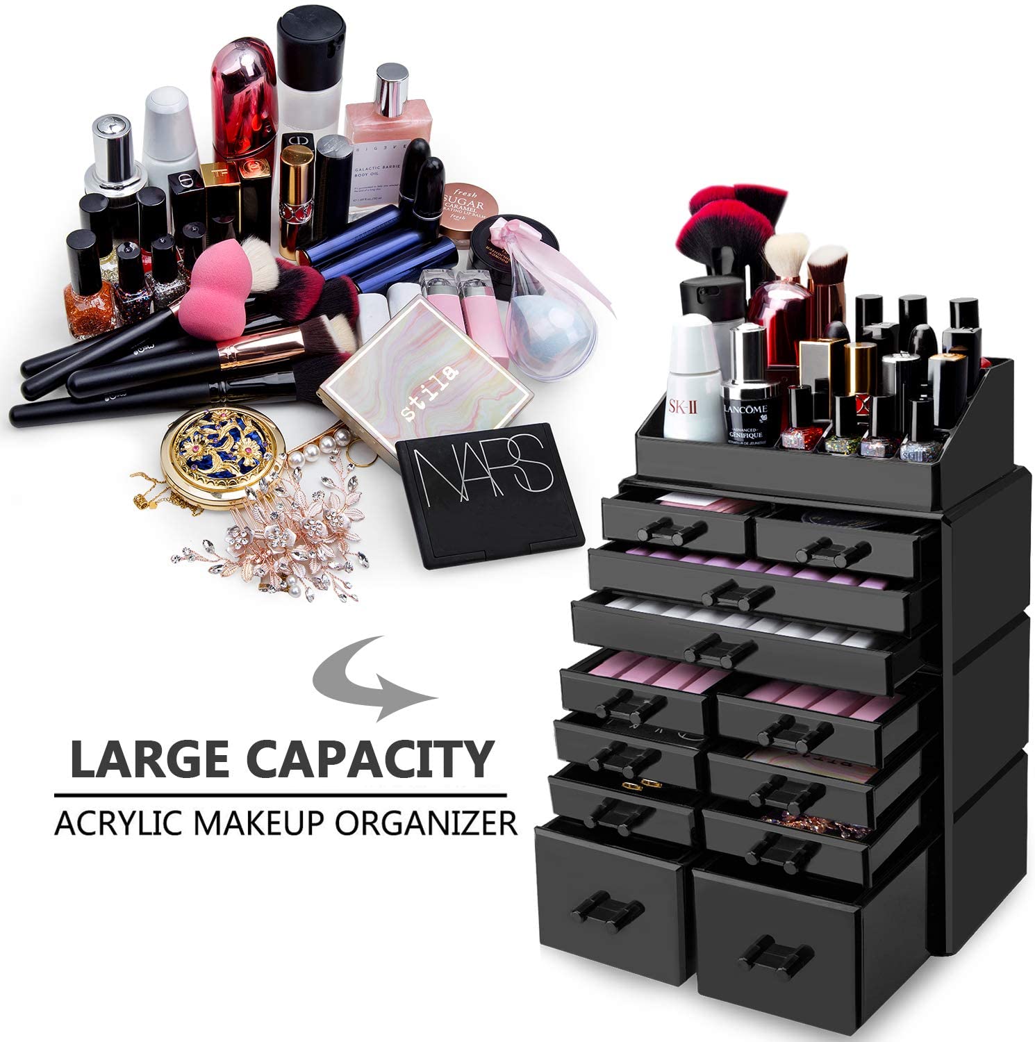 HBlife Makeup Organizer Acrylic Cosmetic Storage Drawers and Jewelry Display Box with 12 Drawers, 9.5" x 5.4" x 15.8", Black