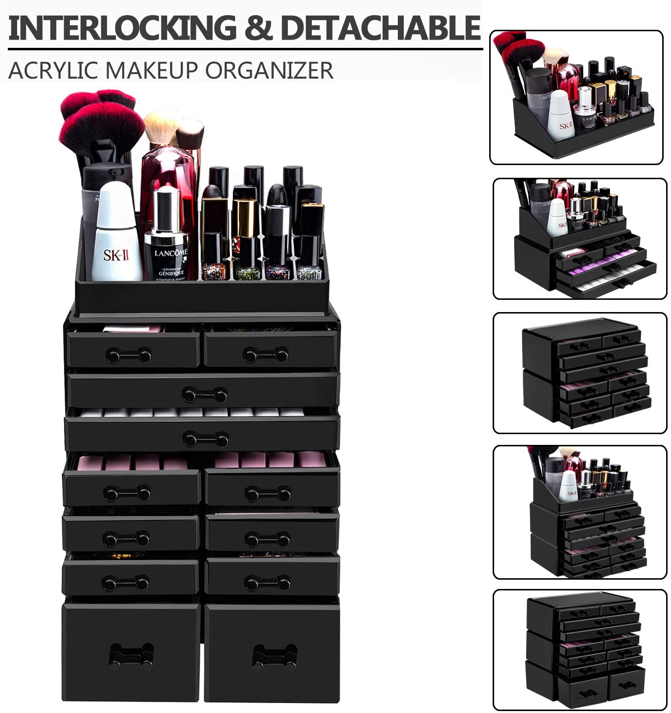 HBlife Makeup Organizer Acrylic Cosmetic Storage Drawers and Jewelry Display Box with 12 Drawers, 9.5" x 5.4" x 15.8", Black