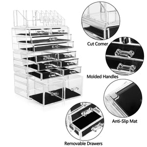 HBlife Makeup Organizer Acrylic Cosmetic Storage Drawers and Jewelry Display Box with 12 Drawers, 9.5" x 5.4" x 15.8", 4 Piece