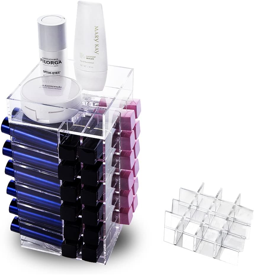 HBlife Lipstick Holder, Acrylic Rotating 64 Lipstick Tower Organizer Spinning Lipstick Tower Lipgloss Holder with Removable Dividers