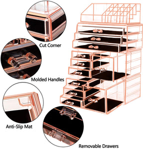 HBlife Acrylic Jewelry and Cosmetic Storage Drawers Display Makeup Organizer Boxes Case with 11 Drawers, 9.5" x 5.4" x 15.8", 4 Piece