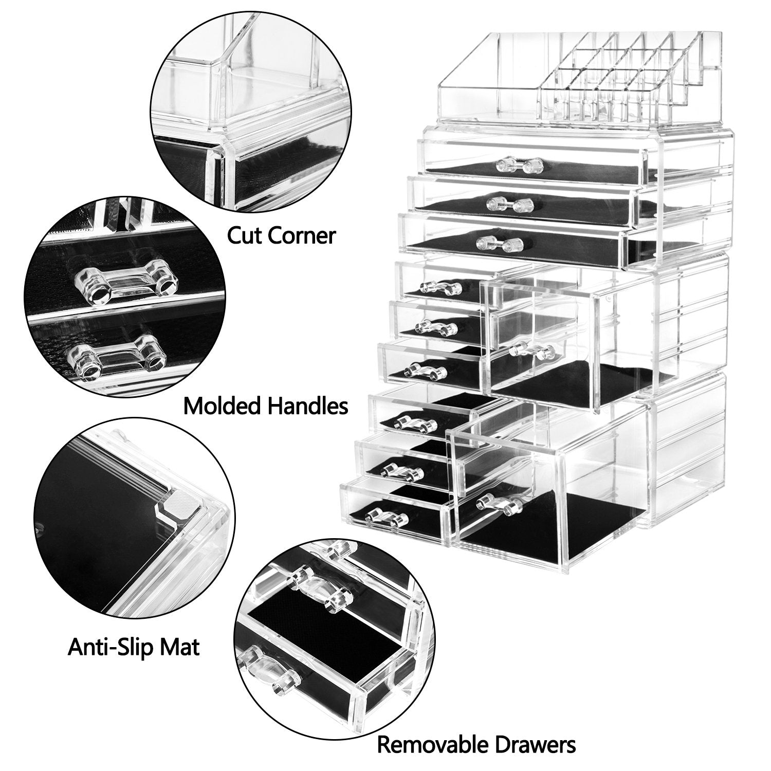 HBlife Acrylic Jewelry and Cosmetic Storage Drawers Display Makeup Organizer Boxes Case with 11 Drawers, 9.5" x 5.4" x 15.8", 4 Piece