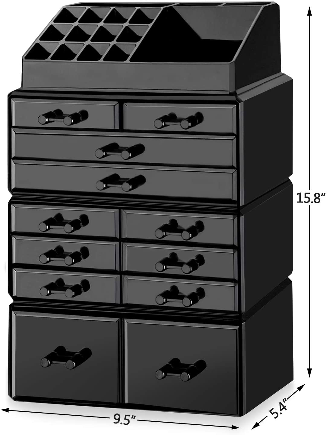 HBlife Makeup Organizer Acrylic Cosmetic Storage Drawers and Jewelry Display Box with 12 Drawers, 9.5" x 5.4" x 15.8", Black