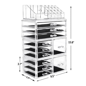 HBlife Acrylic Jewelry and Cosmetic Storage Drawers Display Makeup Organizer Boxes Case with 11 Drawers, 9.5" x 5.4" x 15.8", 4 Piece