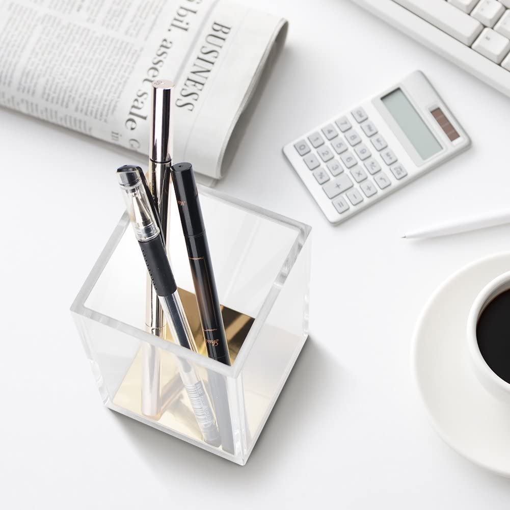 Acrylic Pencil and Pen Holder, HBlife Gold Desktop Stationery Organizer Modern Design Office Desk Accessory