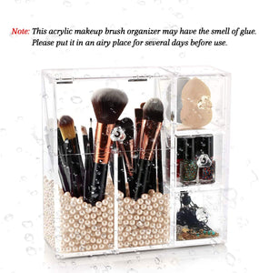 HBlife Makeup Brush Holder, Acrylic Makeup Organizer with 2 Brush Holders and 3 Drawers Dustproof Box