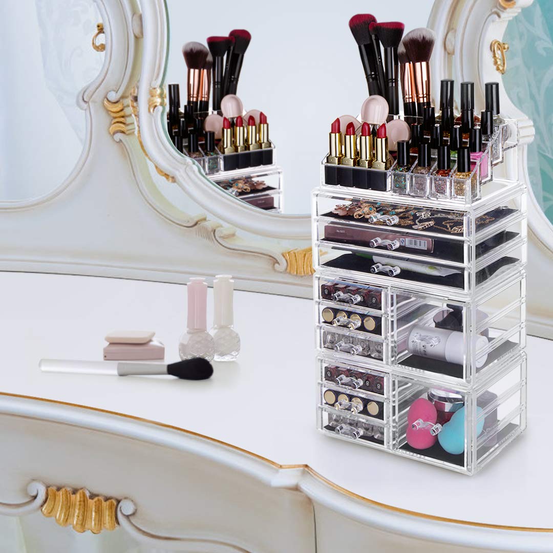 HBlife Acrylic Jewelry and Cosmetic Storage Drawers Display Makeup Organizer Boxes Case with 11 Drawers, 9.5" x 5.4" x 15.8", 4 Piece