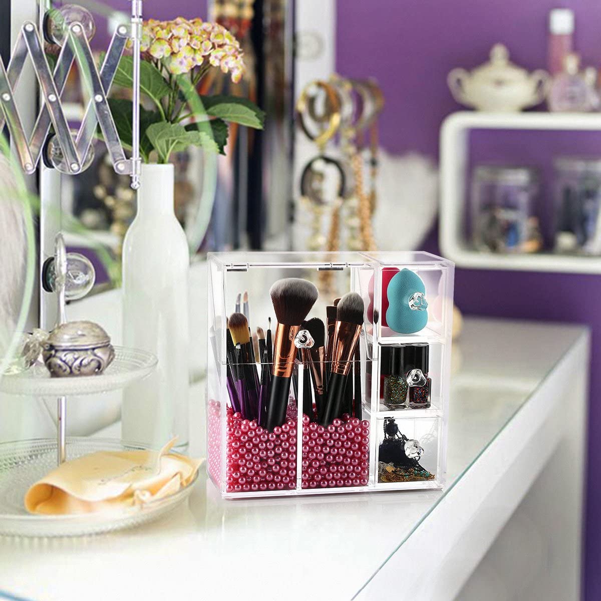 HBlife Makeup Brush Holder, Acrylic Makeup Organizer with 2 Brush Holders and 3 Drawers Dustproof Box