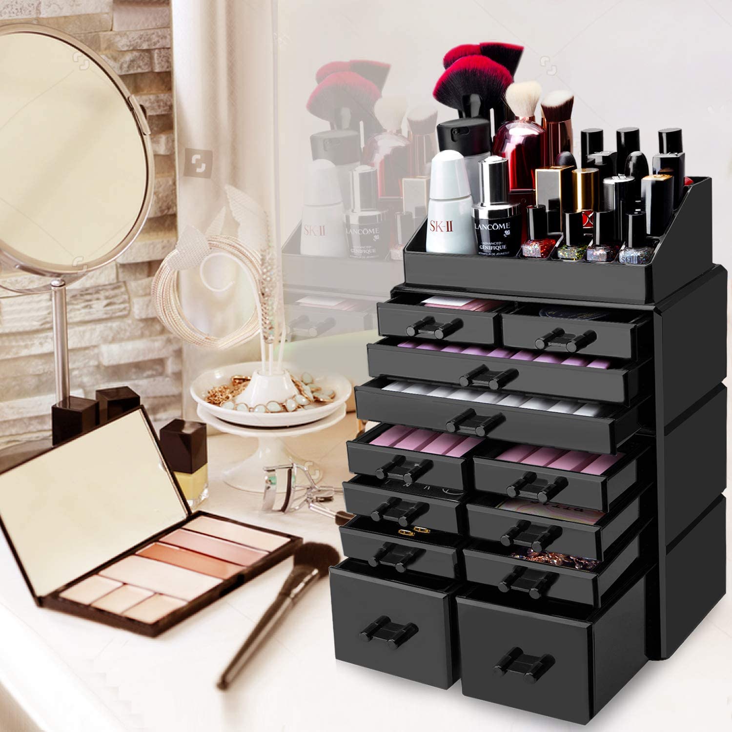 HBlife Makeup Organizer Acrylic Cosmetic Storage Drawers and Jewelry Display Box with 4