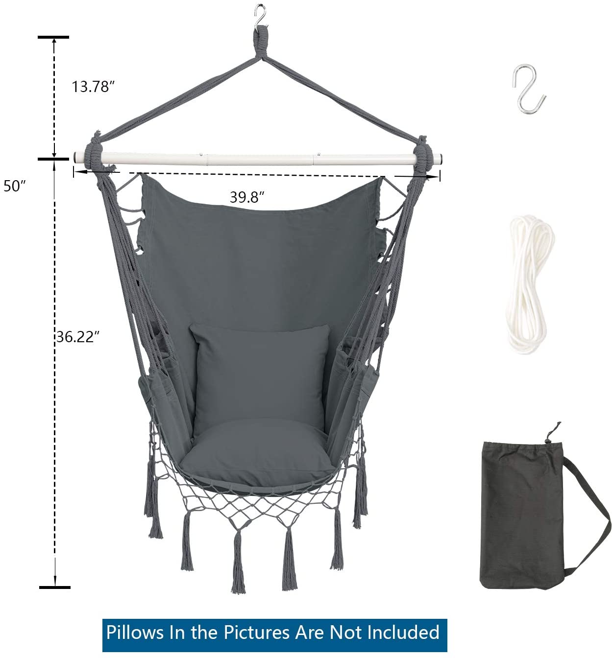 Hammock Chair Hanging Rope Swing Seat Chair with Pocket Max 350 Lbs for Indoor Outdoor Home Bedroom Garden, Seat Cushions Not Included (Grey)