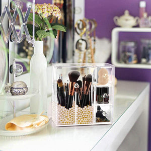 HBlife Makeup Brush Holder, Acrylic Makeup Organizer with 2 Brush Holders and 3 Drawers Dustproof Box