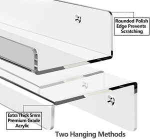 hblife 15" Acrylic Floating Wall Ledge Shelf, Wall Mounted Nursery Kids Bookshelf, Invisible Spice Rack, Clear 5MM Thick Bathroom Storage Shelves Display Organizer, 15" L x 4" D x 2" H